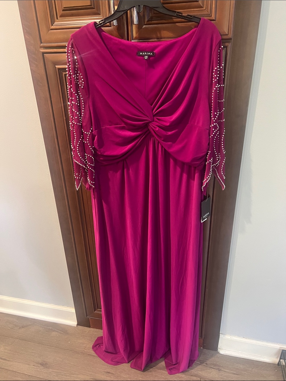 MARINA Fuchsia Knot-Front Maxi Dress with Beaded Sheer Sleeves